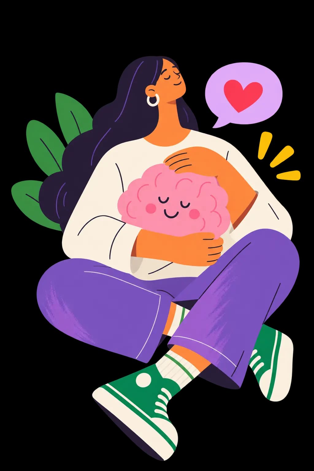 Illustration of a person gently cradling a smiling brain in their arms